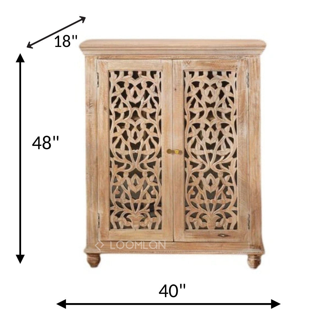 Norella Coastal Tall Bar Cabinet Carved Wood Doors