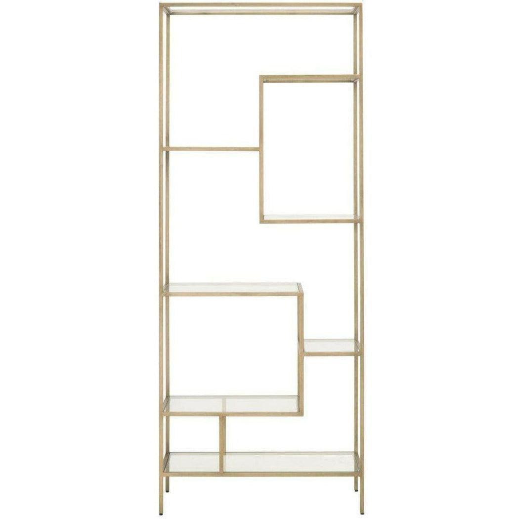 Clear Glass Gold Brass Frame Tall and Narrow Etagere Etageres Sideboards and Things By Essentials For Living