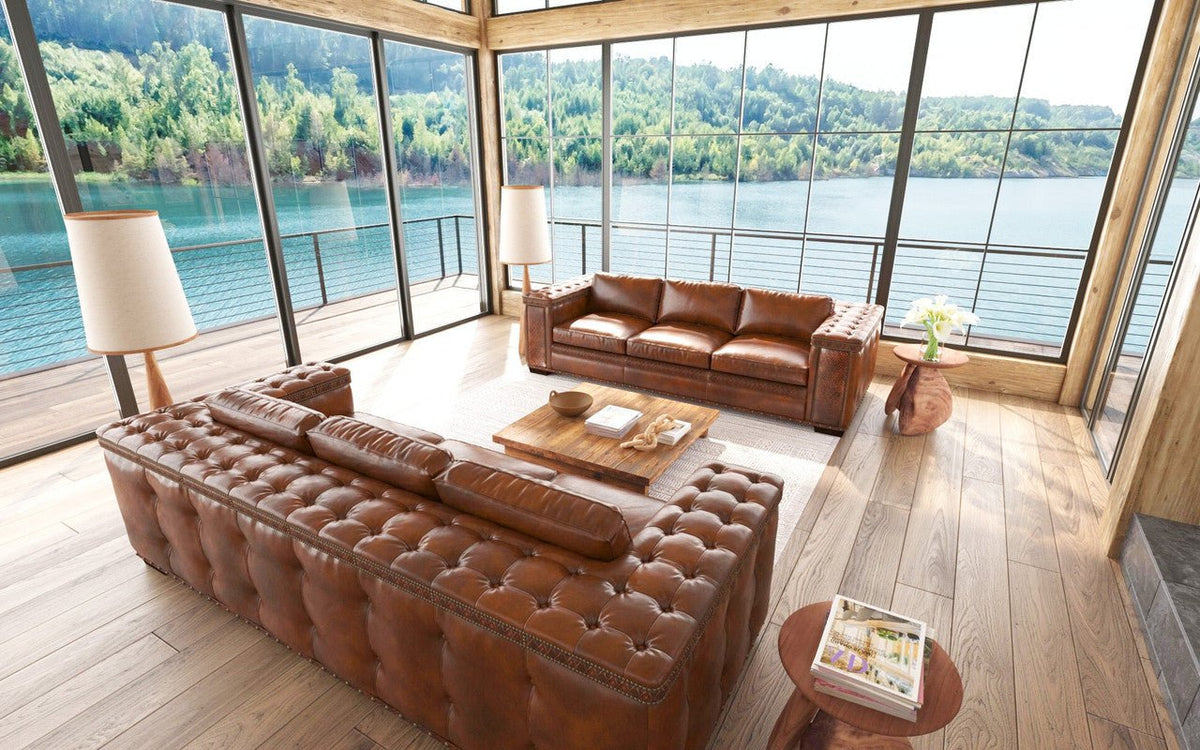 Uptown Sebastian Maestro Large Size Low Profile Leather Couch Wide Arms