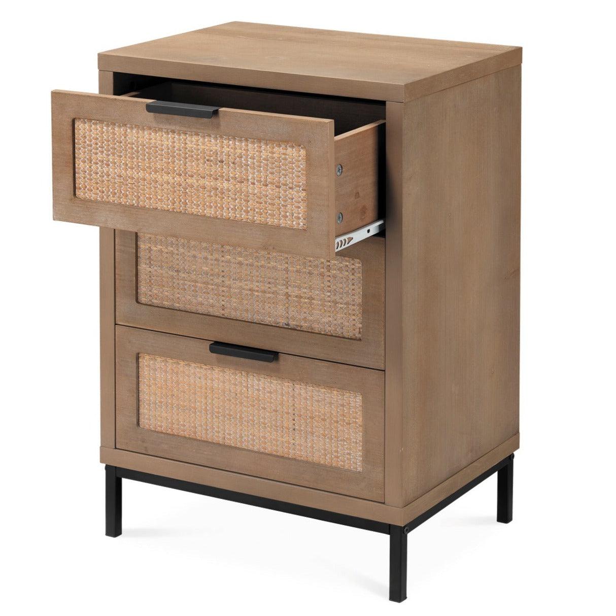 Reed Rattan 3 Drawer Mid Century Modern Side Table Side Tables Sideboards and Things By Jamie Young