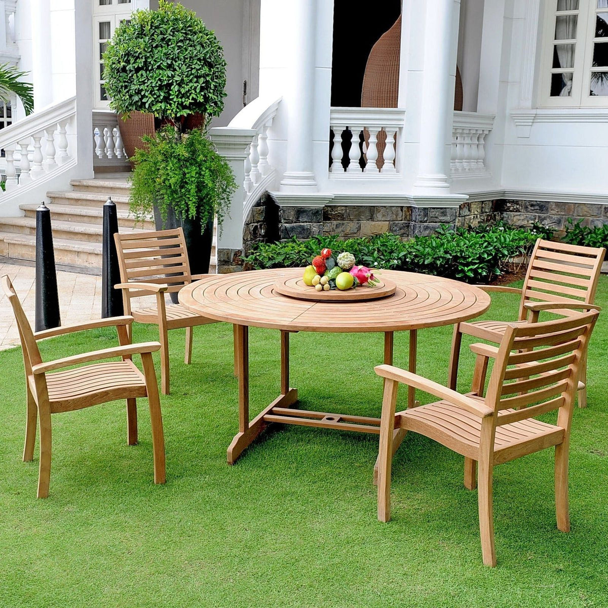 HiTeak Royal 5PC Round Outdoor Dining Set Stacking Armchairs