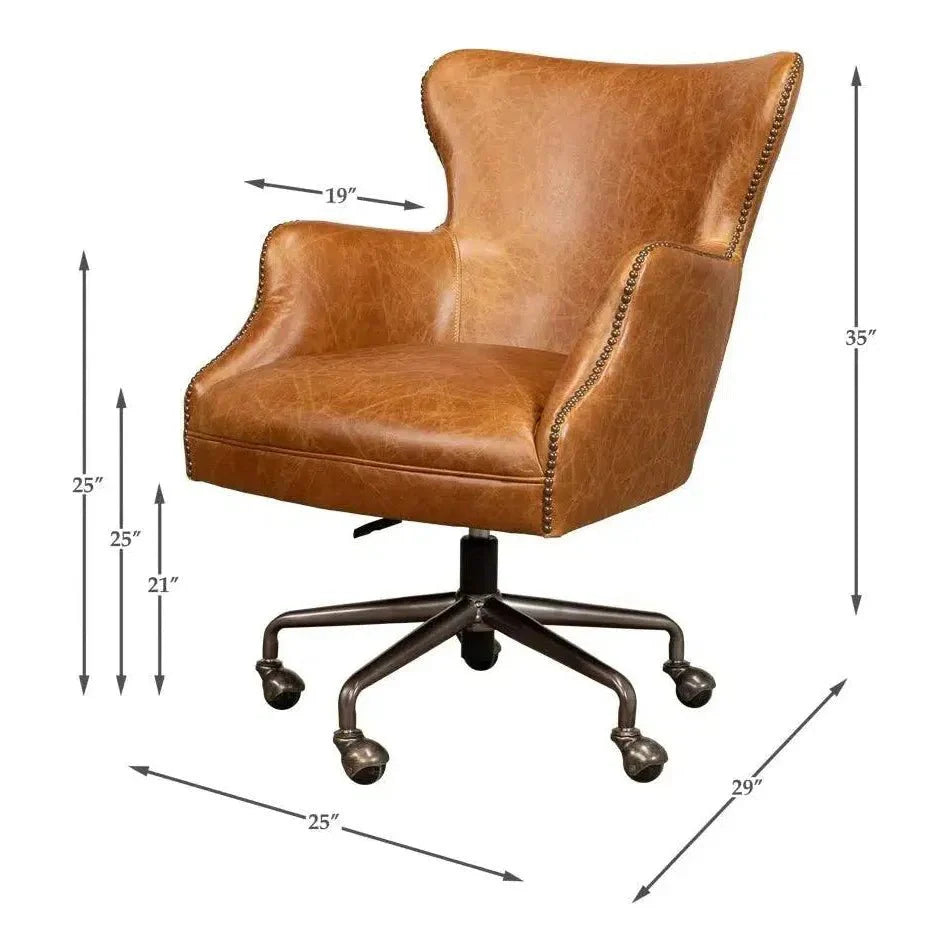 Sarreid Andrew Jackson Swivel Tan Leather Desk Chair Cuba Brown
