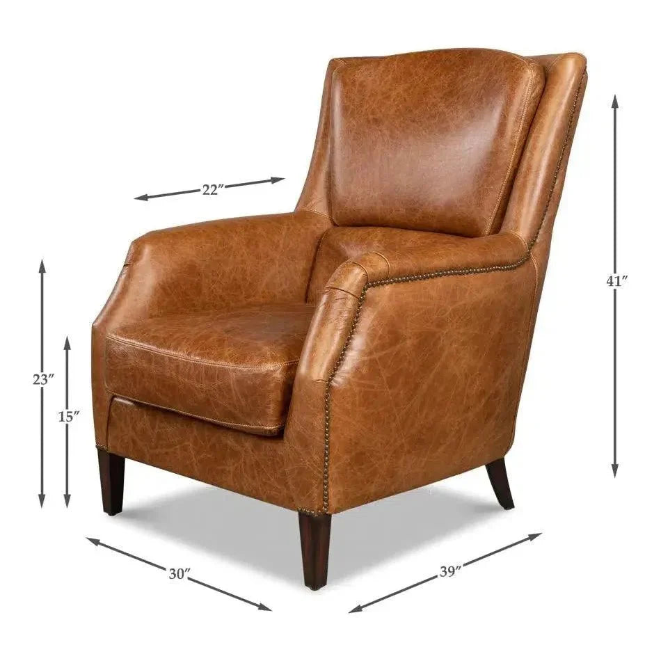 Baker Brown Leather Club Arm Chair - LOOMLAN - Sarreid - Club Chairs