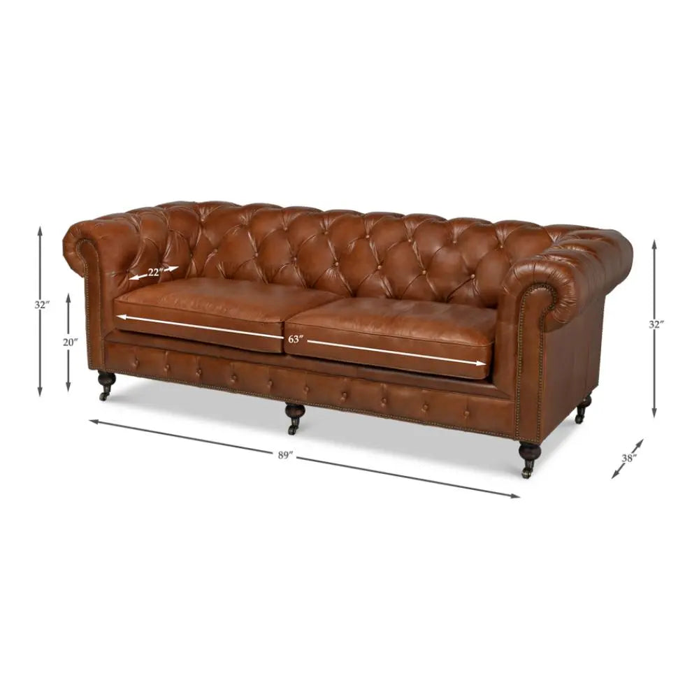 Sarreid 89" Castered Chesterfield Leather Sofa