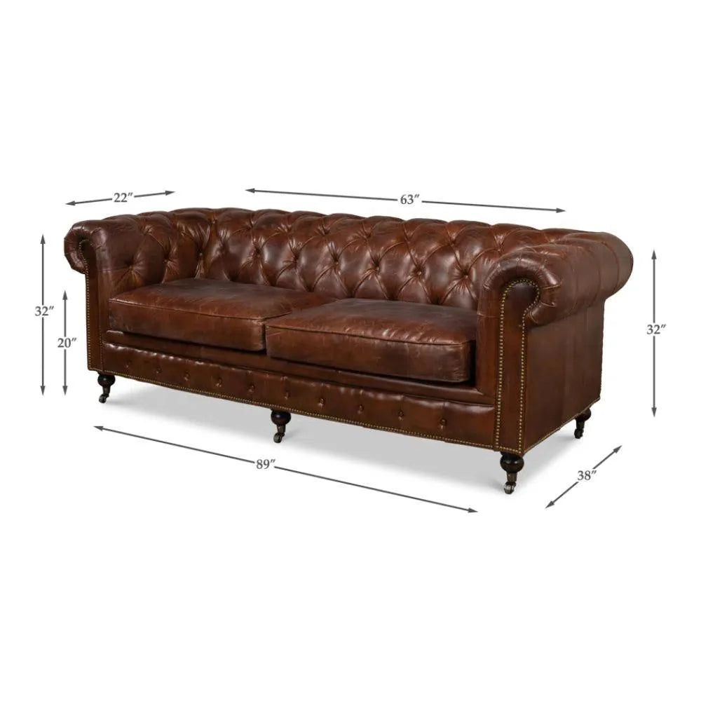 Castered Chesterfield Leather Sofa 89" - LOOMLAN - Sarreid - Sofas & Loveseats