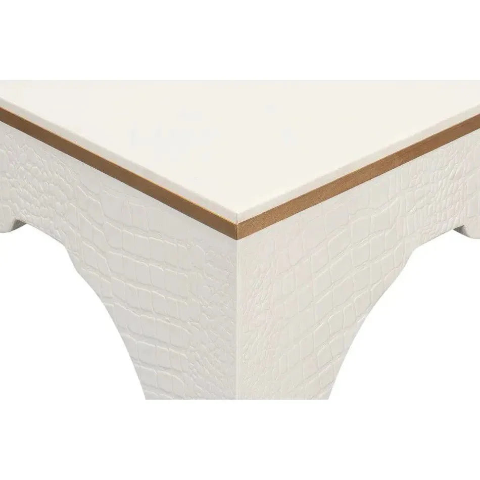 Croco Embossed Leather White Foot Stool - LOOMLAN - Sarreid - Poufs and Stools