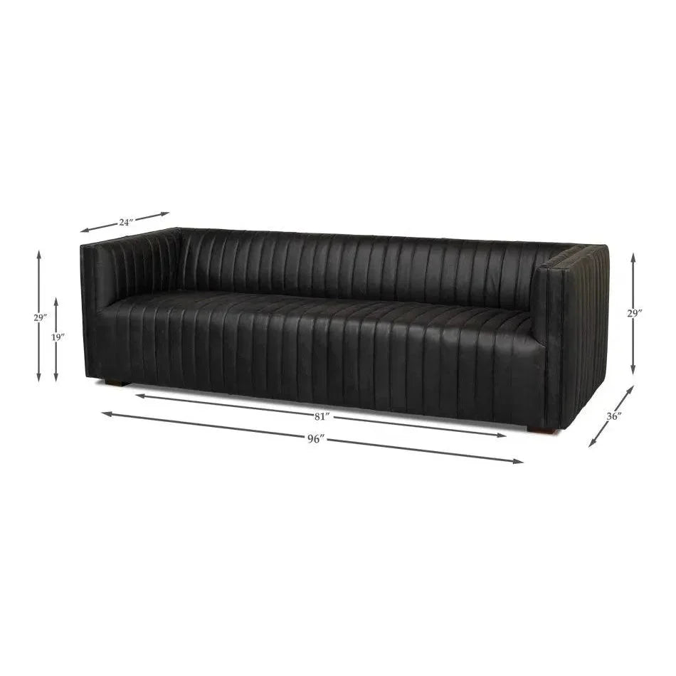 Everett Sofa Channel Black Leather Couch - LOOMLAN - Sarreid - Sofas & Loveseats