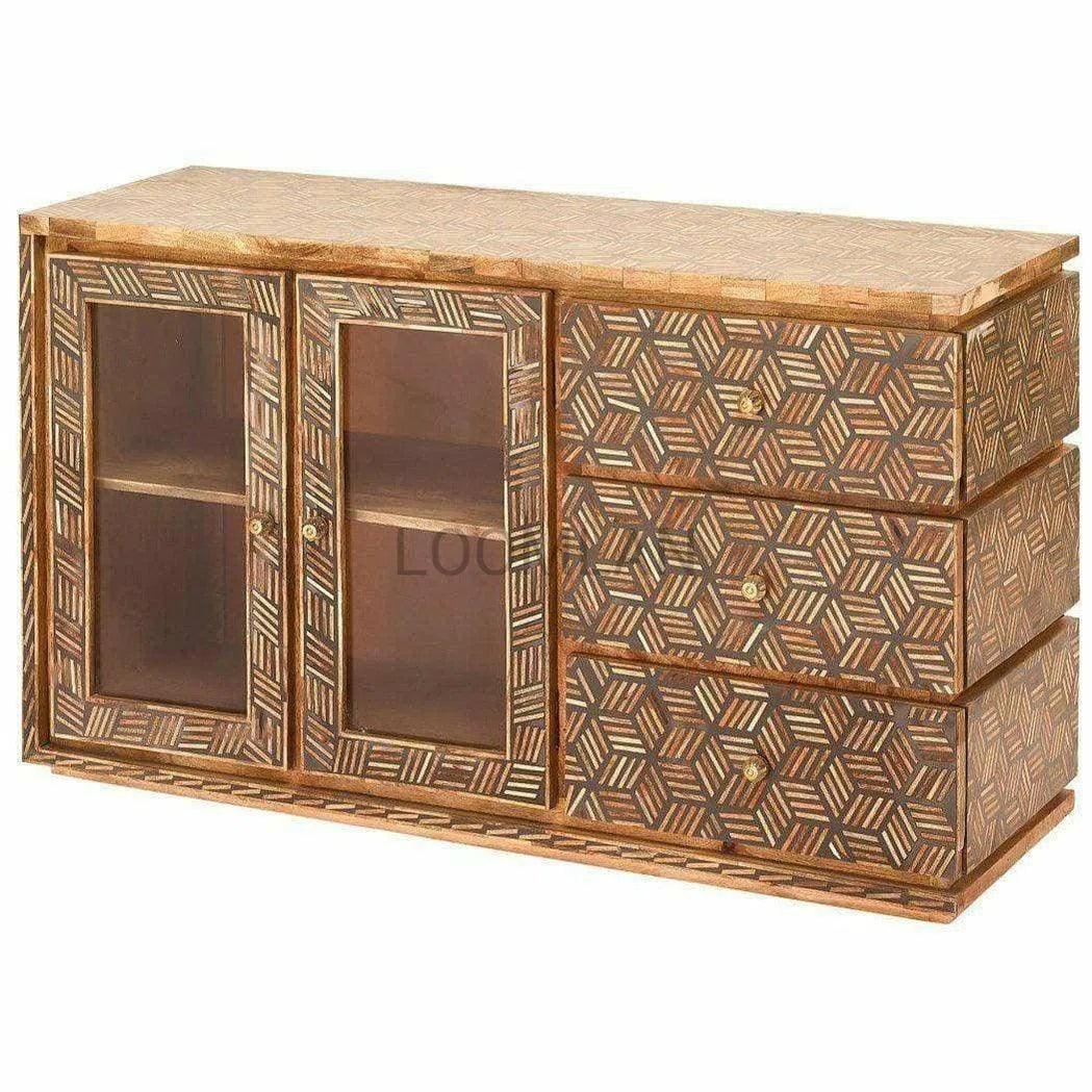LOOMLAN Bone Inlay 3 Drawer 2 d Glass Doors Display Sideboard