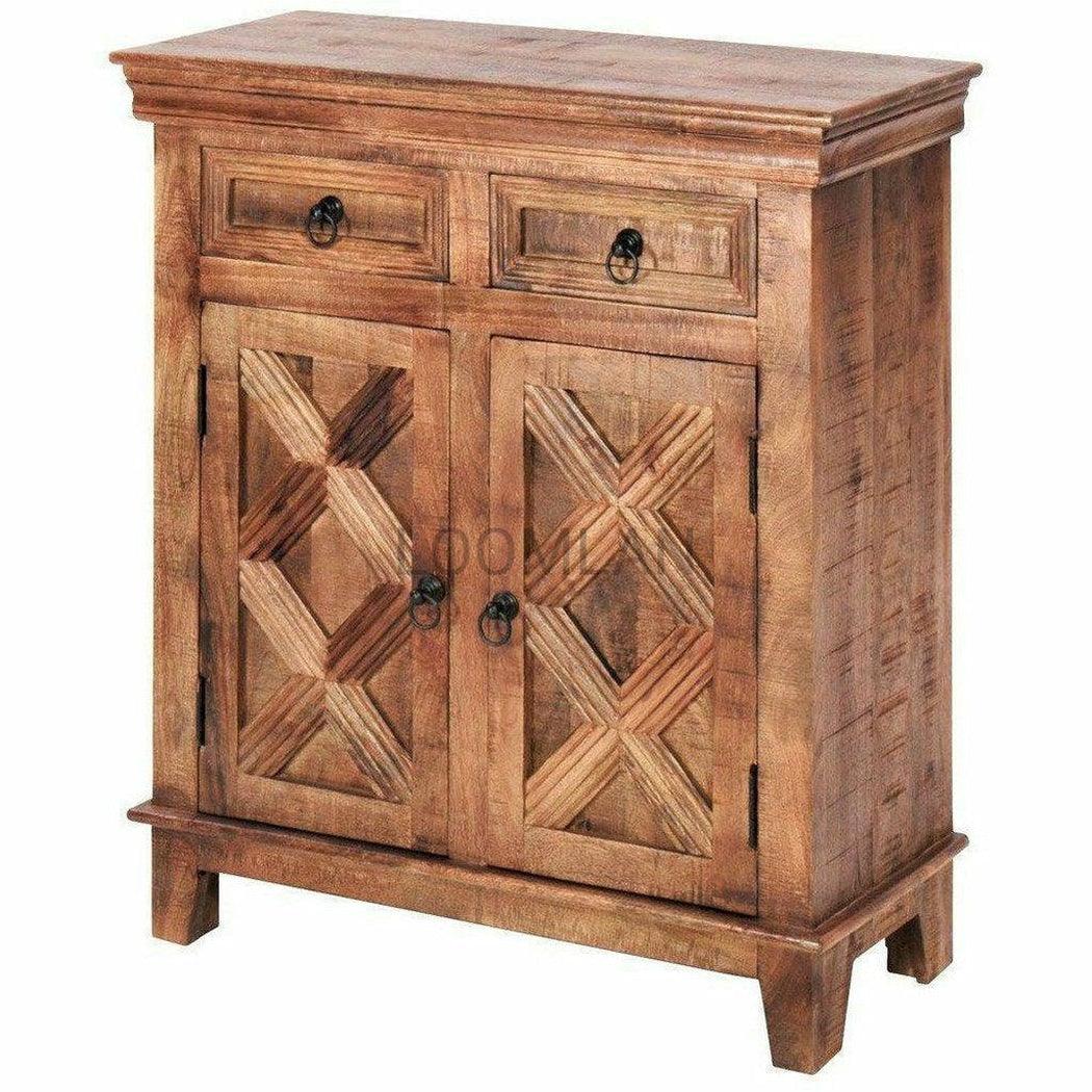 Rustic Wood 2 Drawer 2 Door Accent Cabinet Rustic X Collection - Sideboards and Things Brand_LOOMLAN Home, Color_Natural, Features_Handmade, Features_Handmade/Handcarved, Features_Repurposed Materials, Features_With Drawers, Finish_Distressed, Finish_Rustic, Height_40-50, Legs Material_Wood, Materials_Wood, Shelf Material_Wood, Width_30-40, Wood Species_Mango