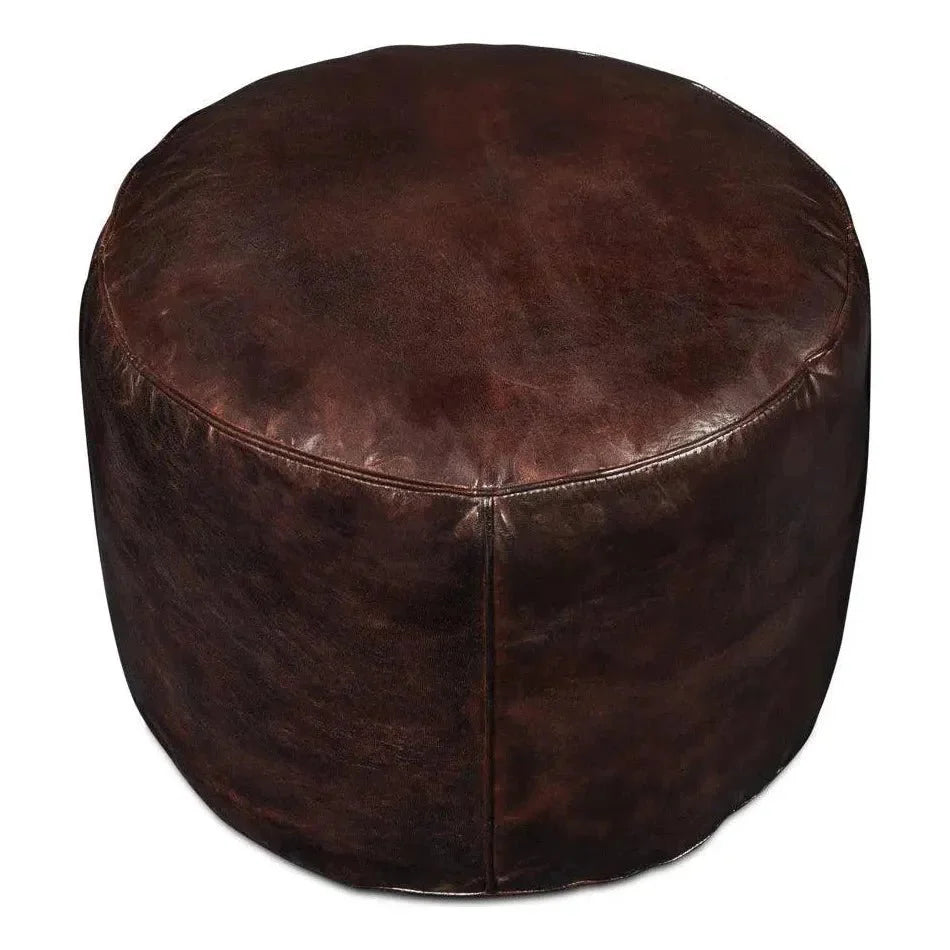 Soccerball Leather Dark Brown Stool - LOOMLAN - Sarreid - Poufs and Stools