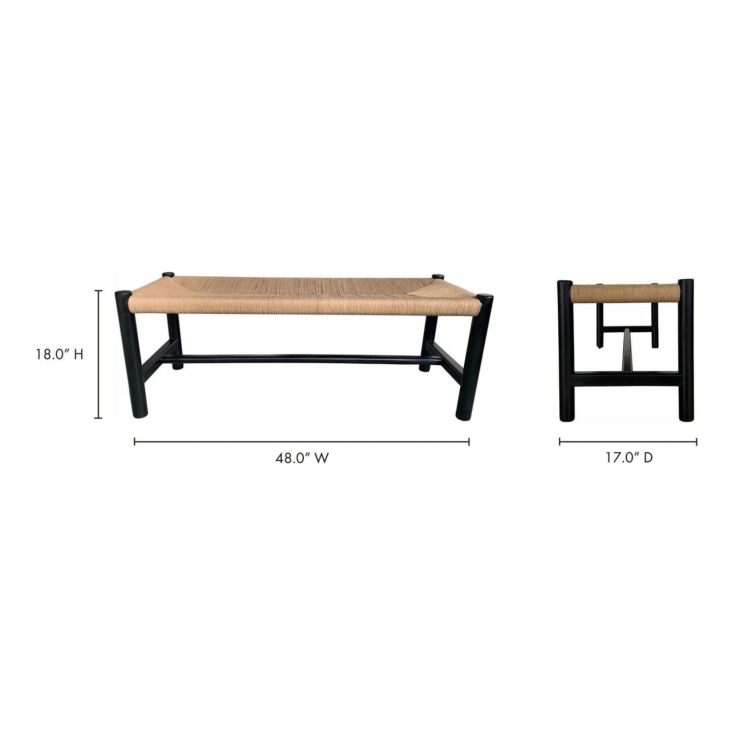 Hawthorn Black Small Wood and Rope Seat Bench Moe' Home