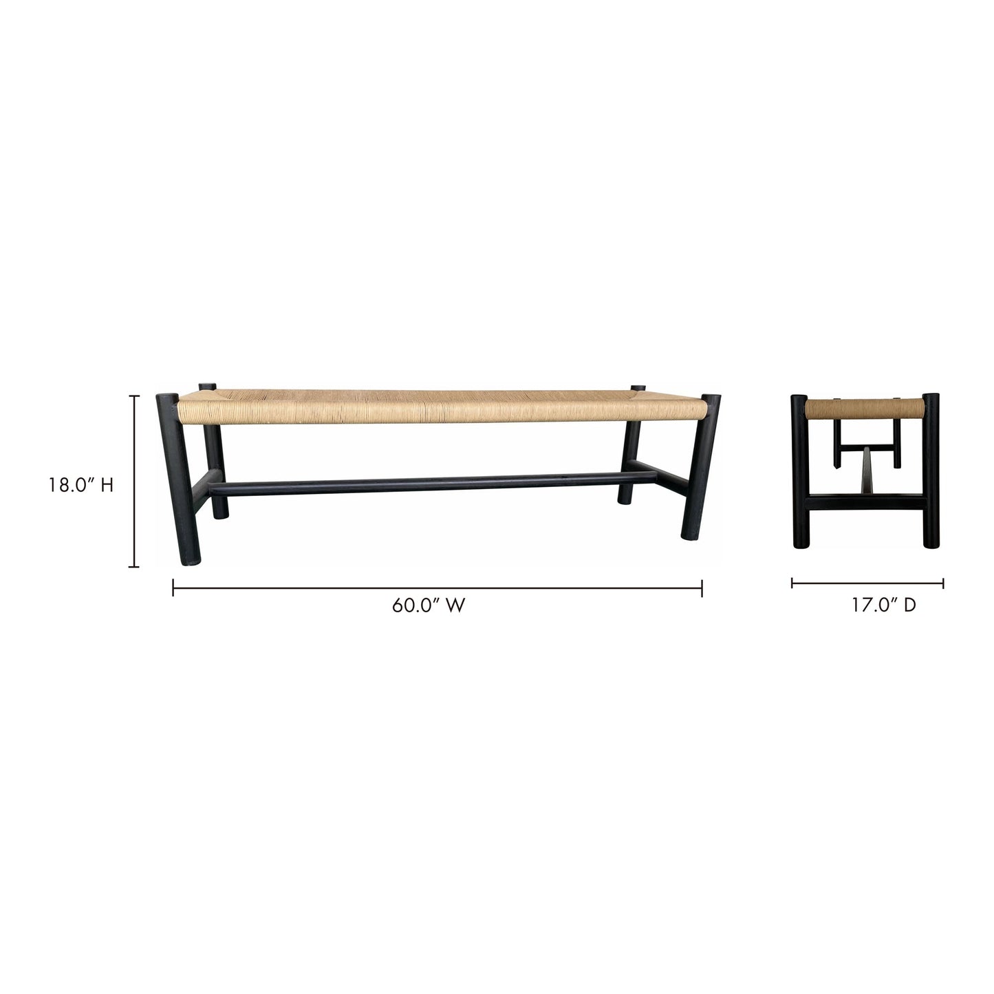 Hawthorn Large Black Elm Wood and Rope Seat Bench Moe' Home