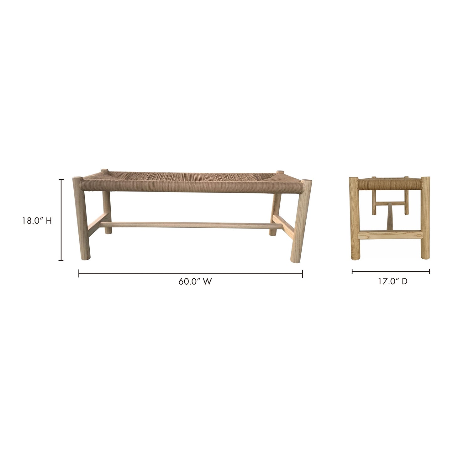 Hawthorn Large Natural Elm Wood and Rope Seat Bench Moe' Home
