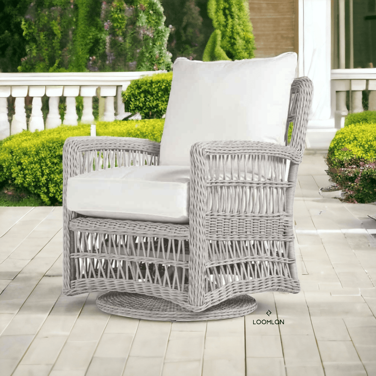 Mackinac Wicker Patio Loveseat Swivel Chair and Table Set Outdoor Lounge Sets LOOMLAN By Lloyd Flanders