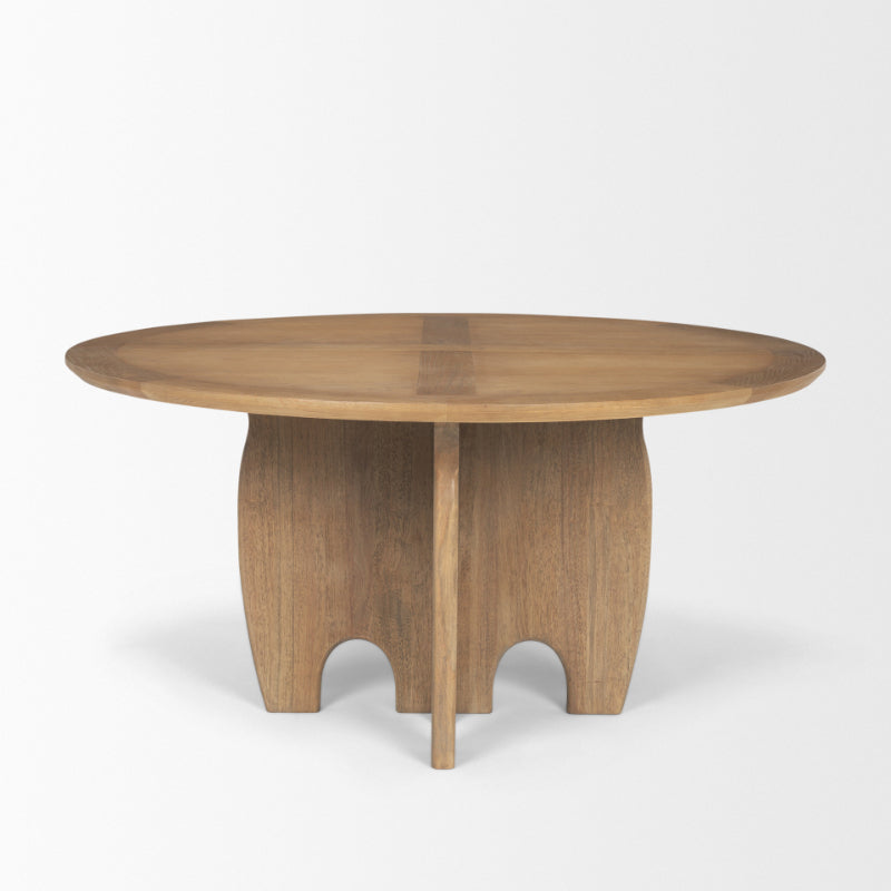 Wooden round table with unique base design on a white background