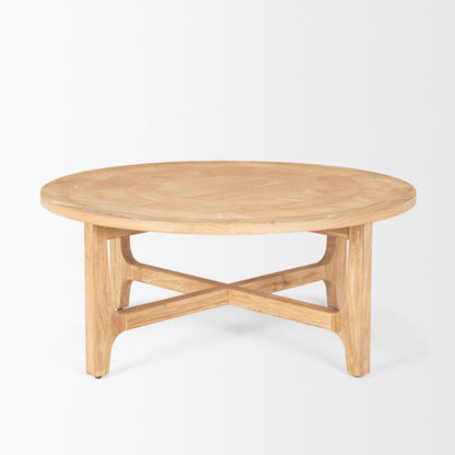 Round wooden coffee table on a white background