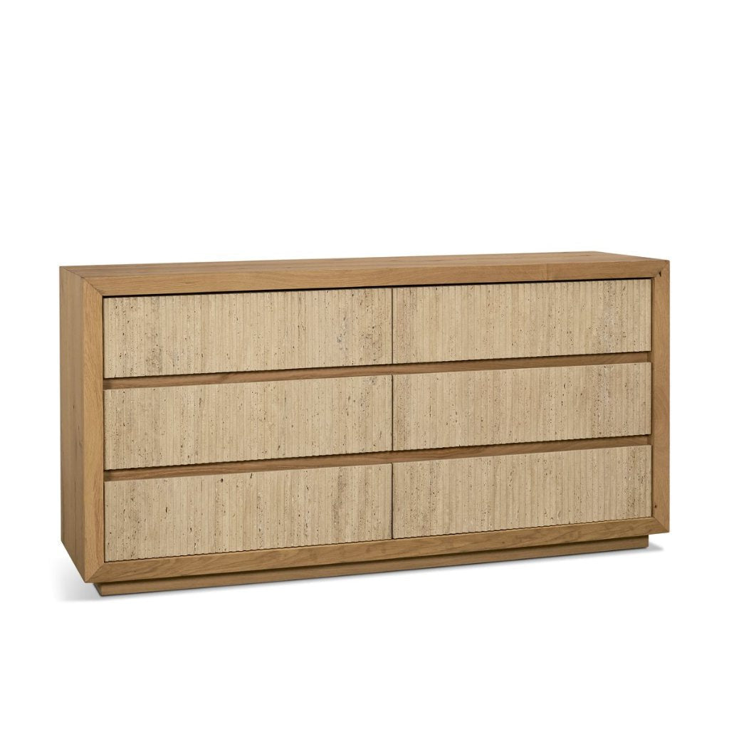 Travona 59"W Oak Wood & Travertine 6-Drawer Dresser
