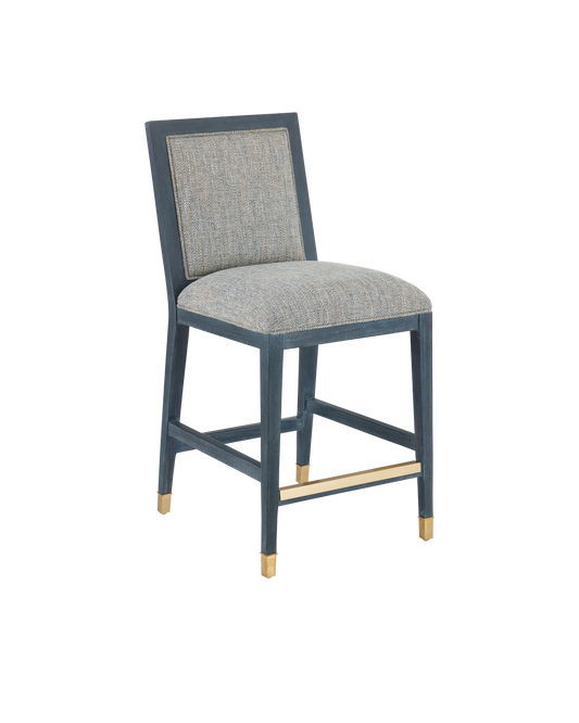 Santos Mahogany and Rattan Vintage Navy Blue Counter Stool