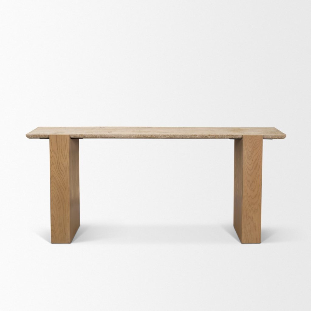 Milos 65" Travertine Top Light Brown Oak Wood Console Table -- Light Brown