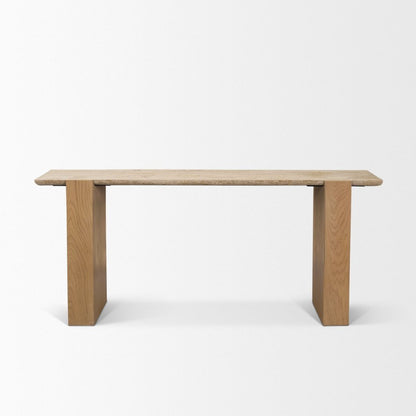 Milos 65" Travertine Top Light Brown Oak Wood Console Table -- Light Brown