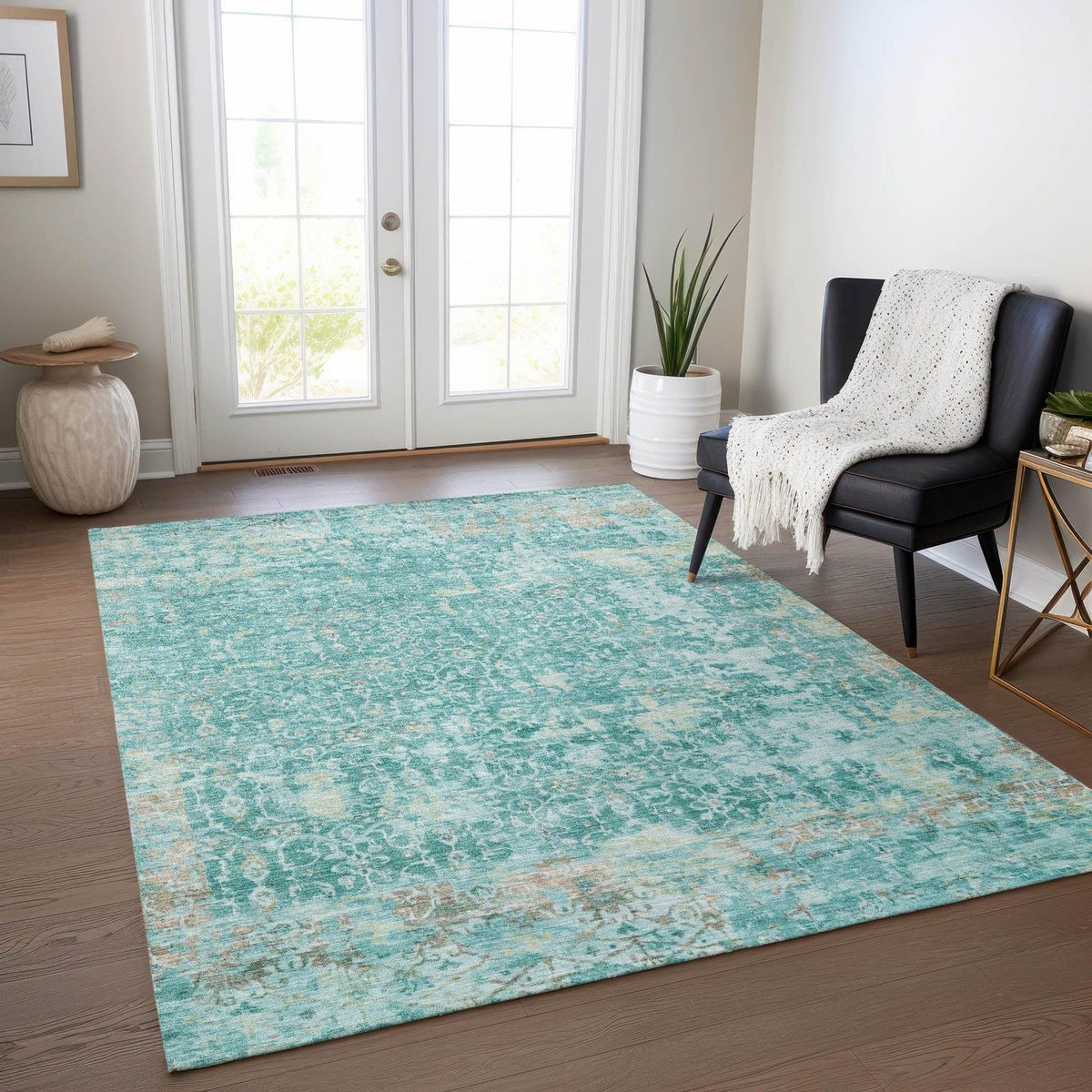 Jaelara Teal Washable Indoor-Outdoor Rug -- teal