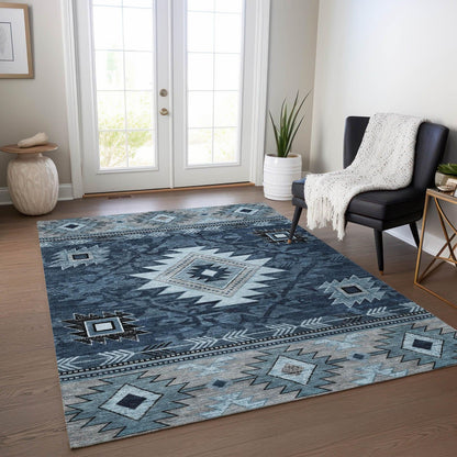 Jaelas Blue Washable Indoor-Outdoor Rug -- blue