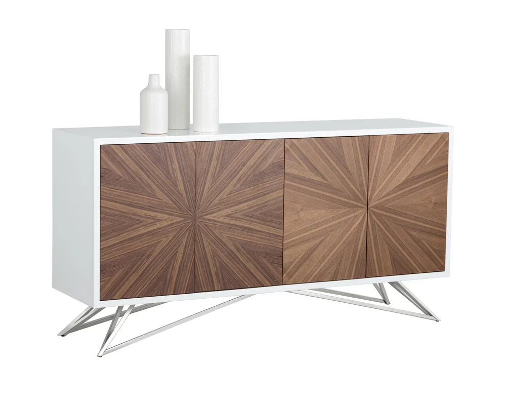 Pike Sideboard With Starburst Walnut Doors And Steel Base