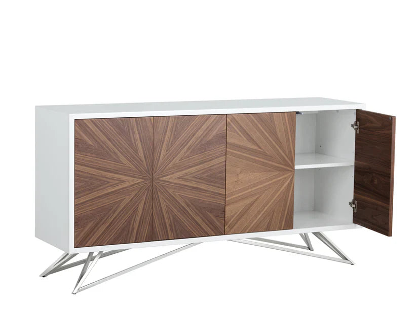 Pike Sideboard With Starburst Walnut Doors And Steel Base