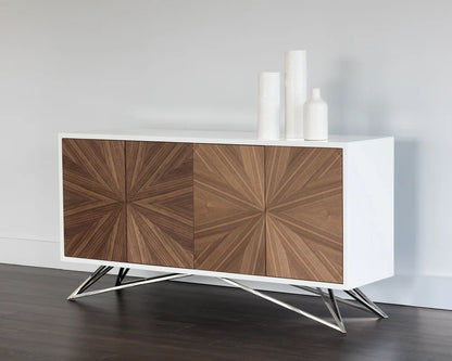 Pike Sideboard With Starburst Walnut Doors And Steel Base