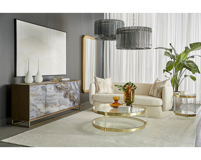 York Coffee Table Brass With Glass Shelves And Modern Design