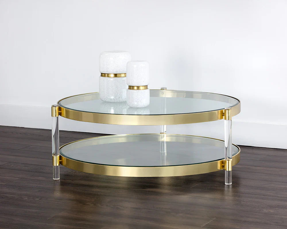 York Coffee Table Brass With Glass Shelves And Modern Design