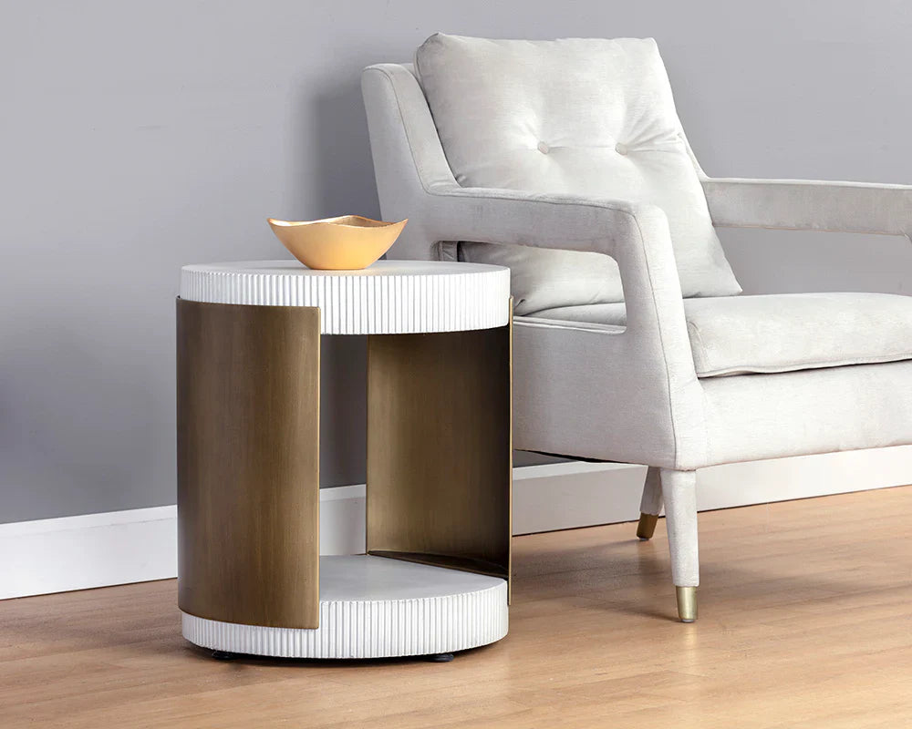 Cavette End Table Modern Concrete White Top Brass Base