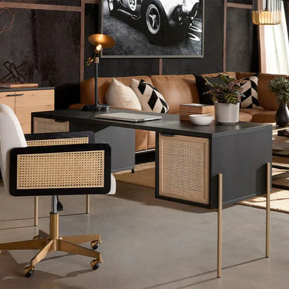 Avida Desk Gold Black Natural - Unique Oak Wood & Rattan