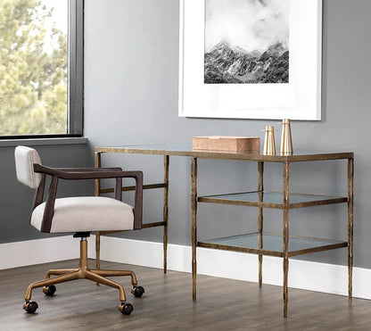 Bruna Desk With Clear Glass Top And Antique Brass Finish