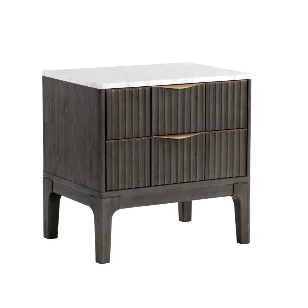 Keldon Nightstand Modern White Marble Top Grey Wood Base