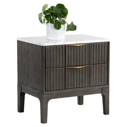 Keldon Nightstand Modern White Marble Top Grey Wood Base