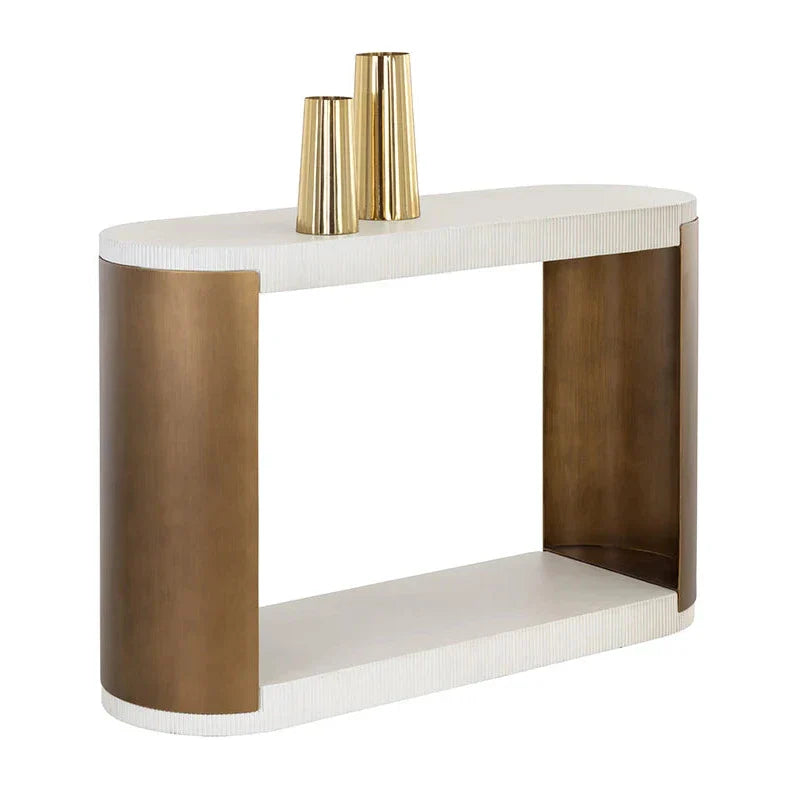 Cavette Console Table Modern White Concrete Brass Steel