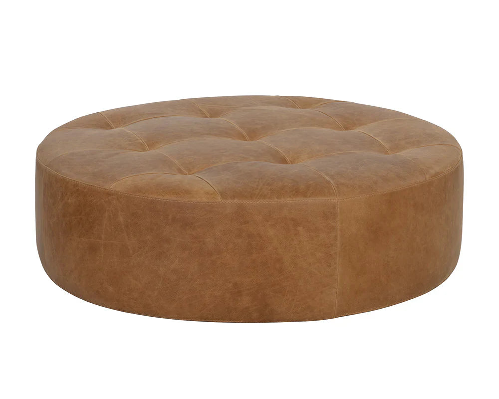 Nilda Ottoman - Camel Leather With Solid Beech Wood Base