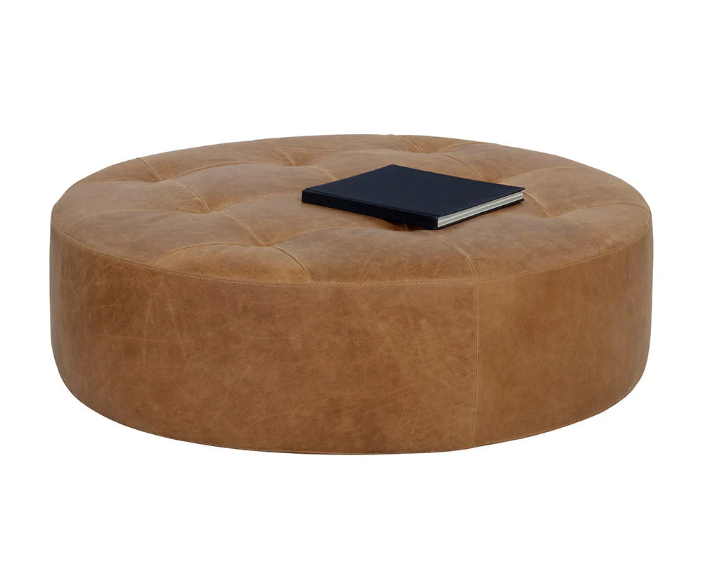 Nilda Ottoman - Camel Leather With Solid Beech Wood Base