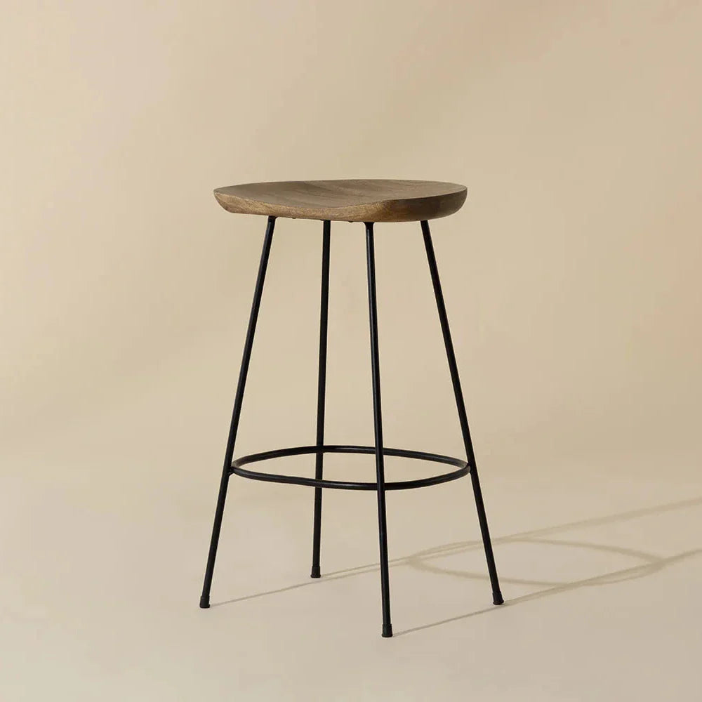 Indra Counter Stool Natural Wood Seat Black Iron Frame