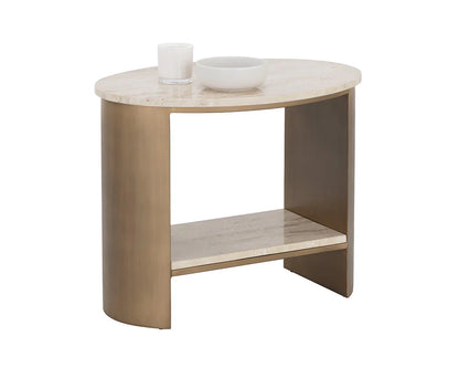 Roshni Side Table With Travertine Top And Gold Base