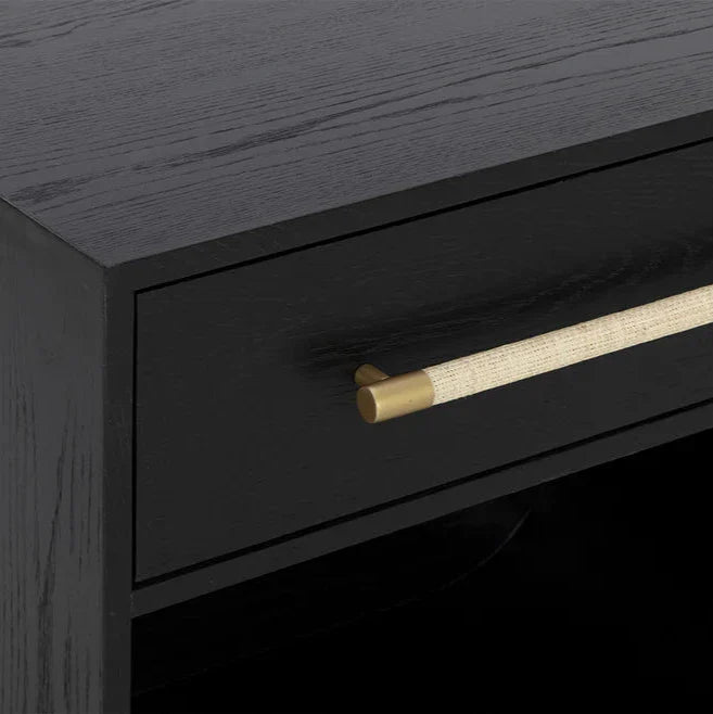 Tarrant Nightstand Modern Black Oak With Raffia Handle