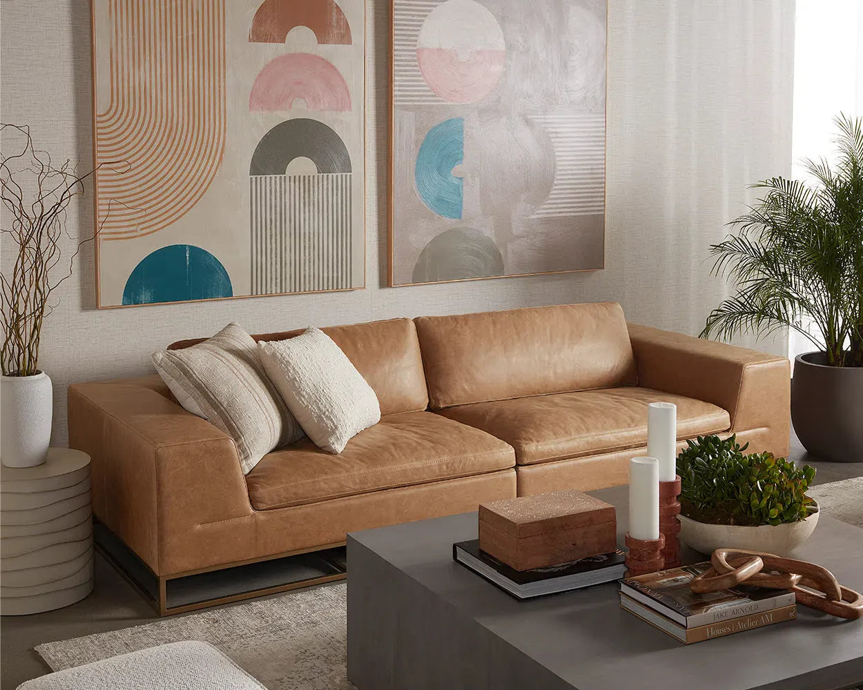Ira Sofa Camel Leather Modern With Gold Base