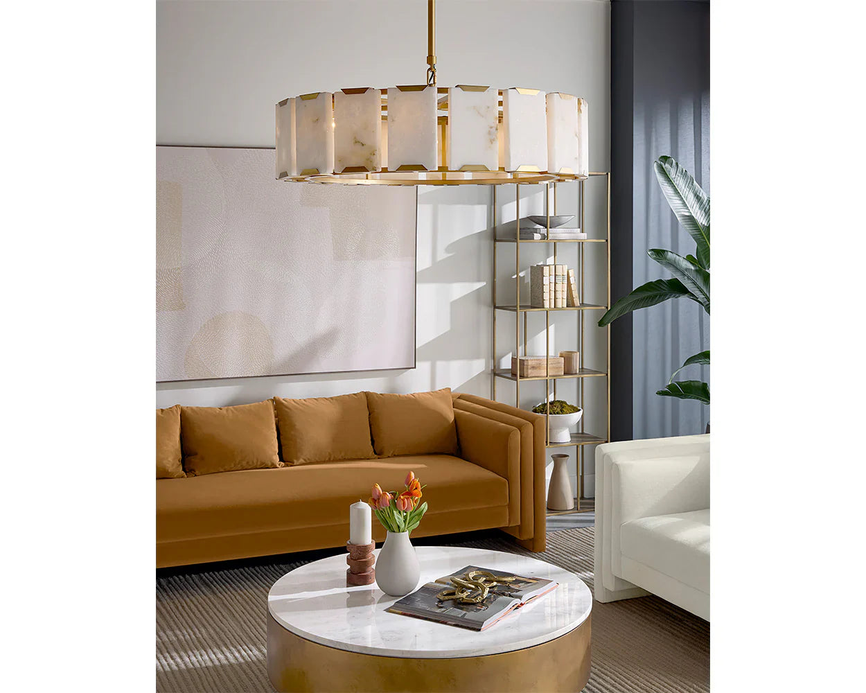 Rovira Chandelier With Gold Iron Frame And Alabaster Panels