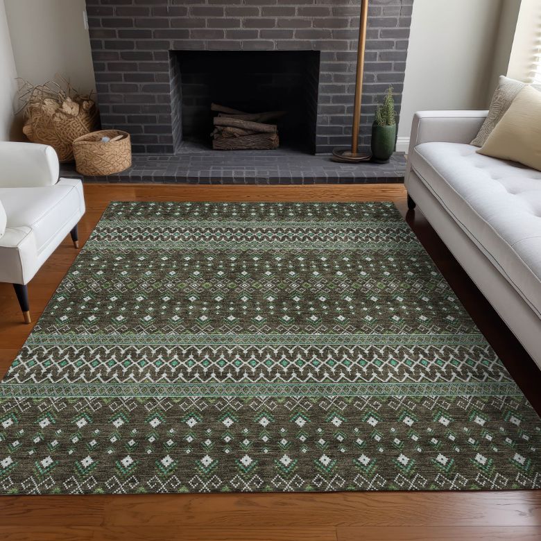 Lazy Rivers Brown Washable Indoor-Outdoor Rug