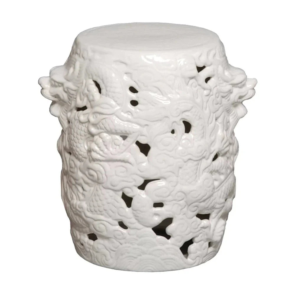 16 in. Dragon White Ceramic Garden Stool Outdoor-Outdoor Stools-Emissary-Sideboards and Things