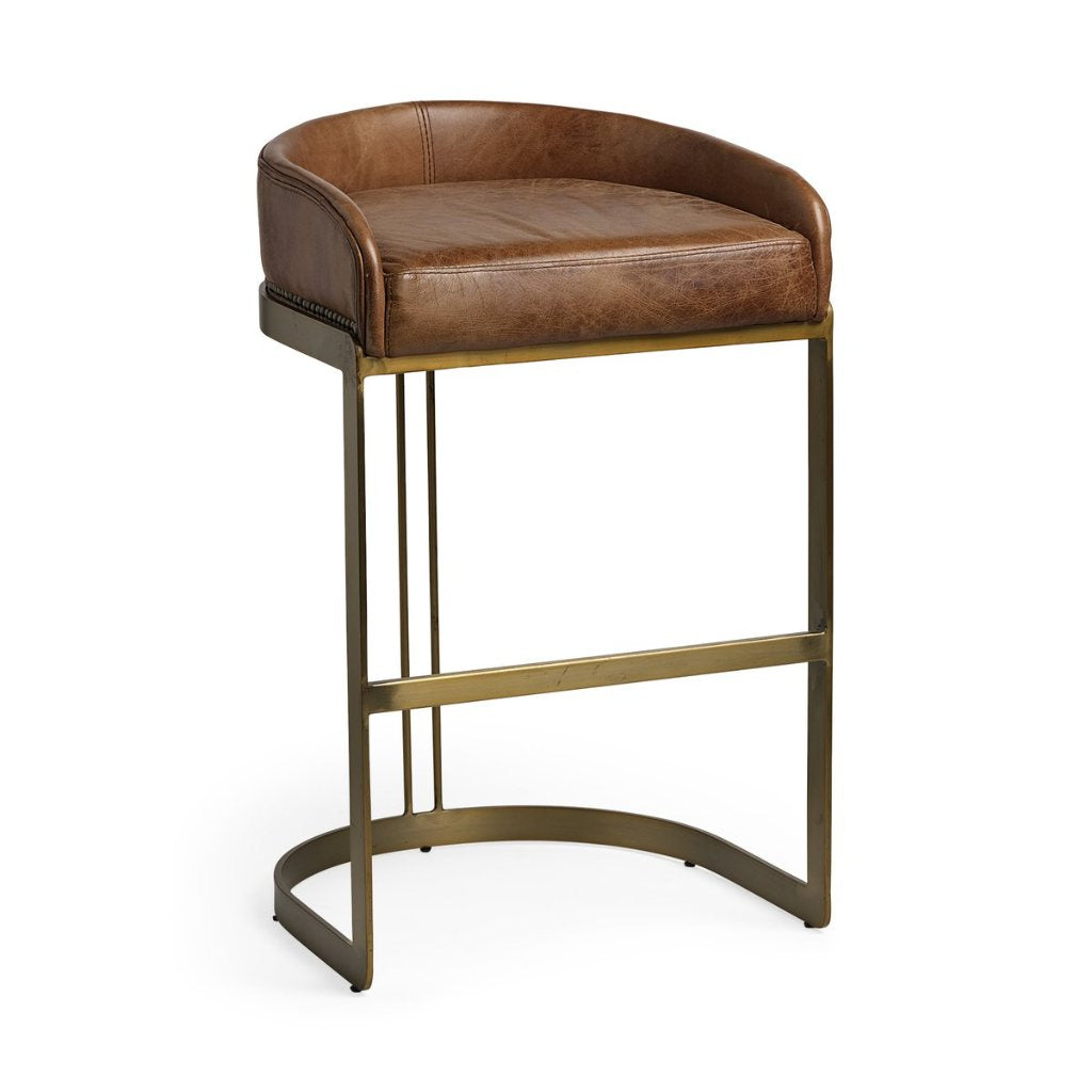 Hollyfield Brown Leather Seat Antiqued Gold Metal Frame Bar