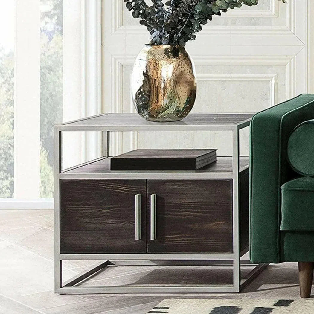 2-Door End Table in Dark Brown With Silver Metal Frame Nightstands Sideboards and Things  By Diamond Sofa