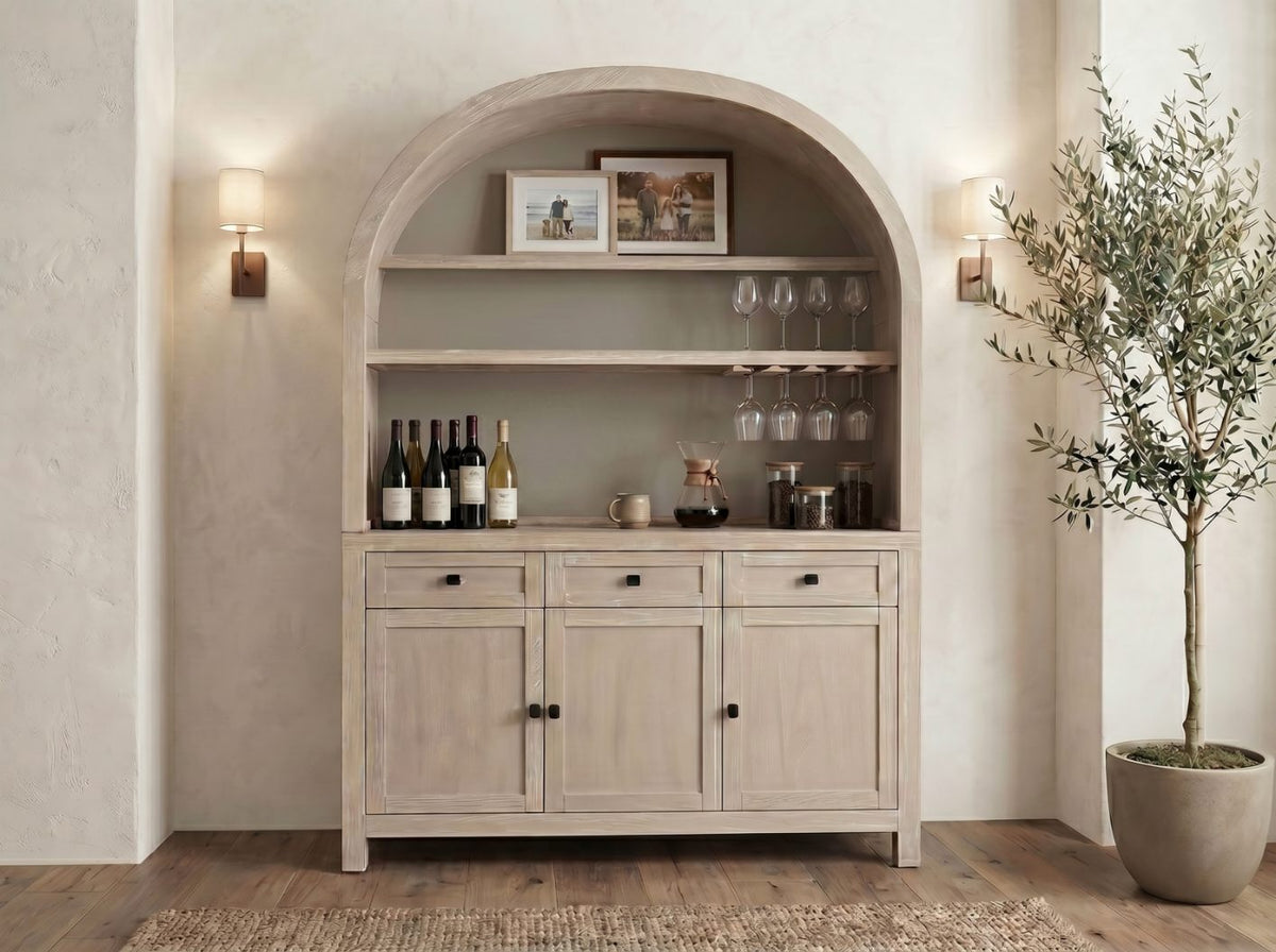 Liz Arched Wood Bar Hutch with Glass Storage