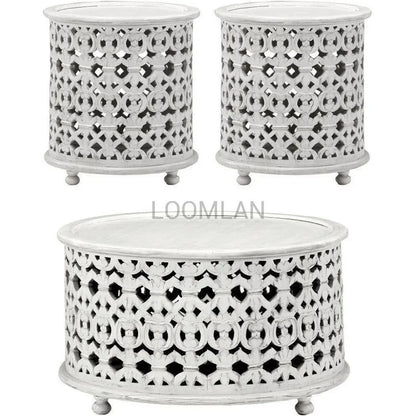 24" Round Drum Hand Carved White Wash End Side Accent Table Side Tables LOOMLAN By LOOMLAN